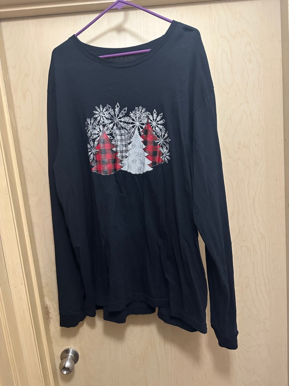 Black Long Sleeve Tee with Festive Plaid & Glitter Tree Design